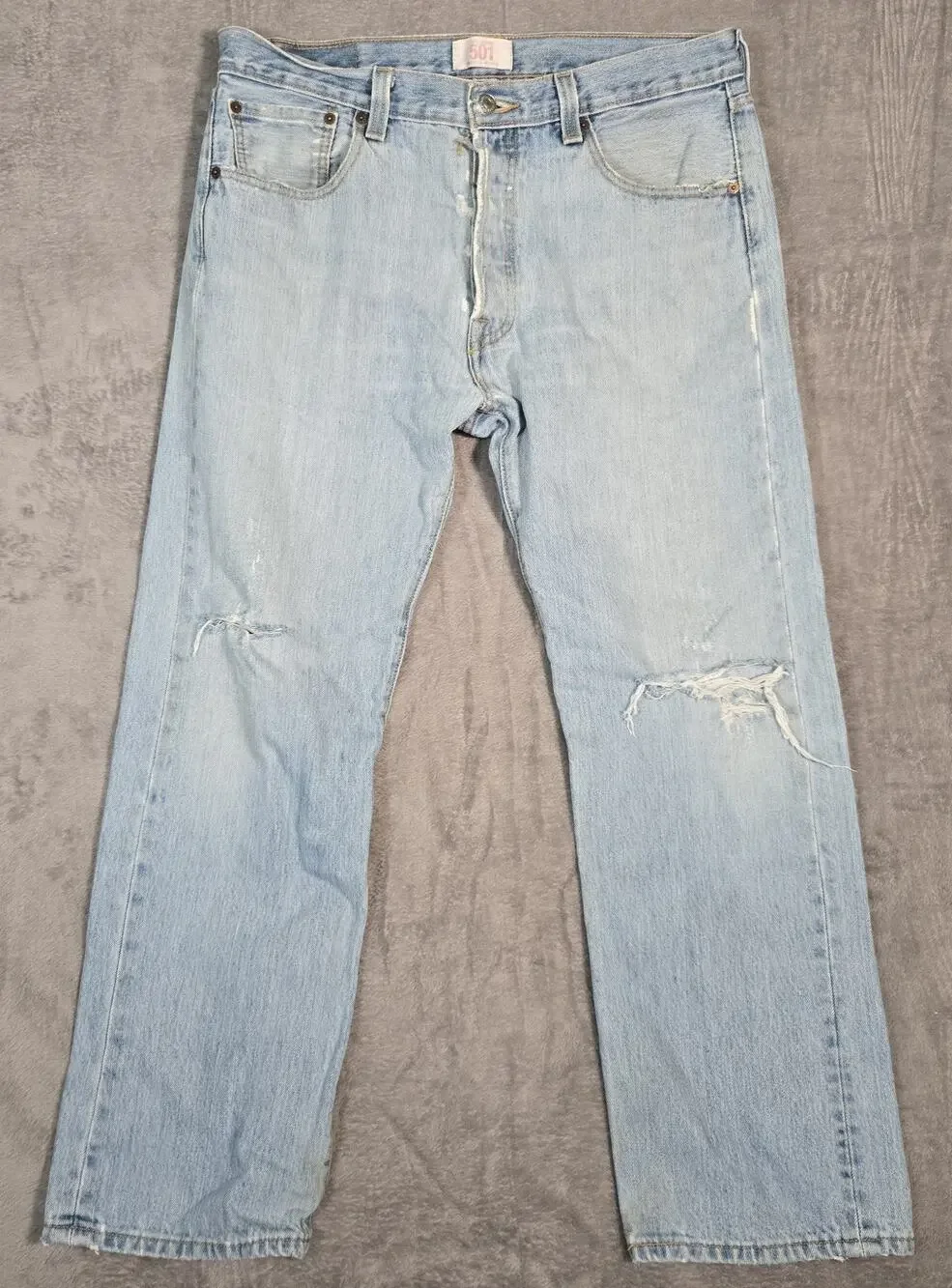 Levi’s 501 Jeans Mens 34x29 Light Wash Distressed Button Fly Straight Leg